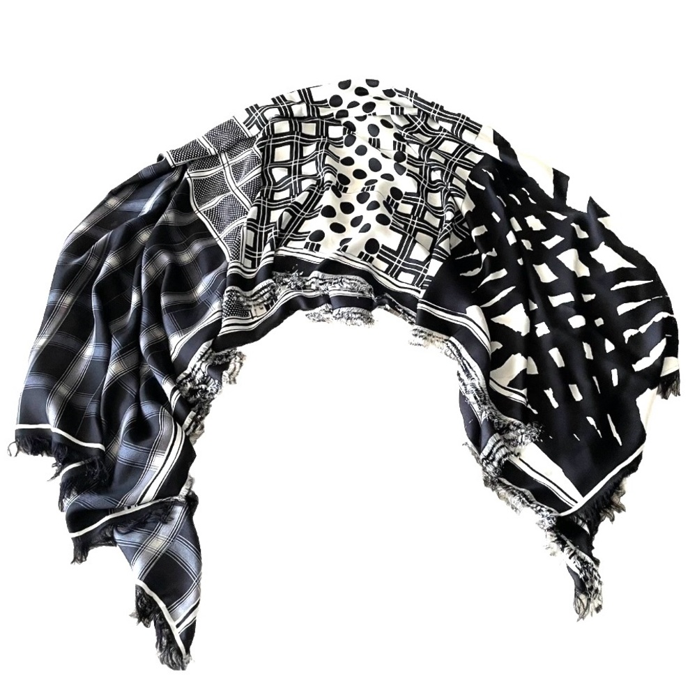 🔥🔥 Pierre-Louis Mascia Print Silk Fringe Shawl Scarf 135 X 195 cm Black Ivory